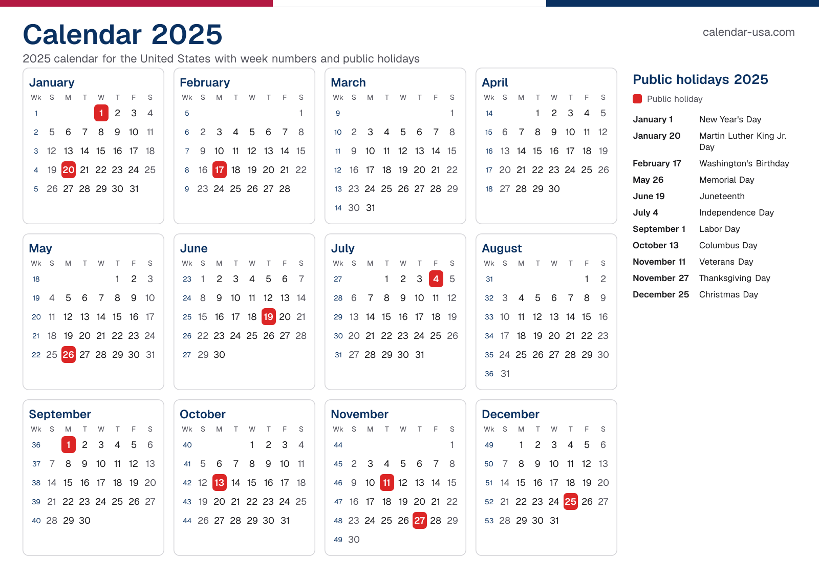 Calendar 2025 with week numbers and public holidays