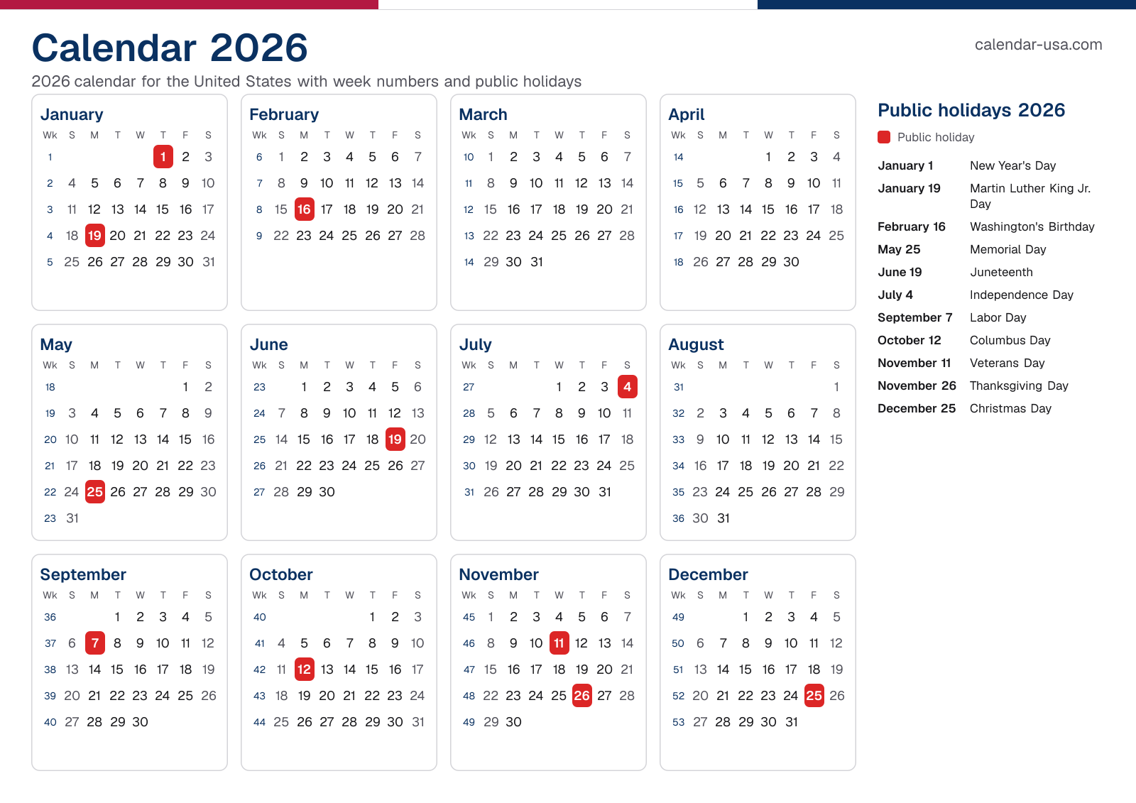 Calendar 2026 with week numbers and public holidays