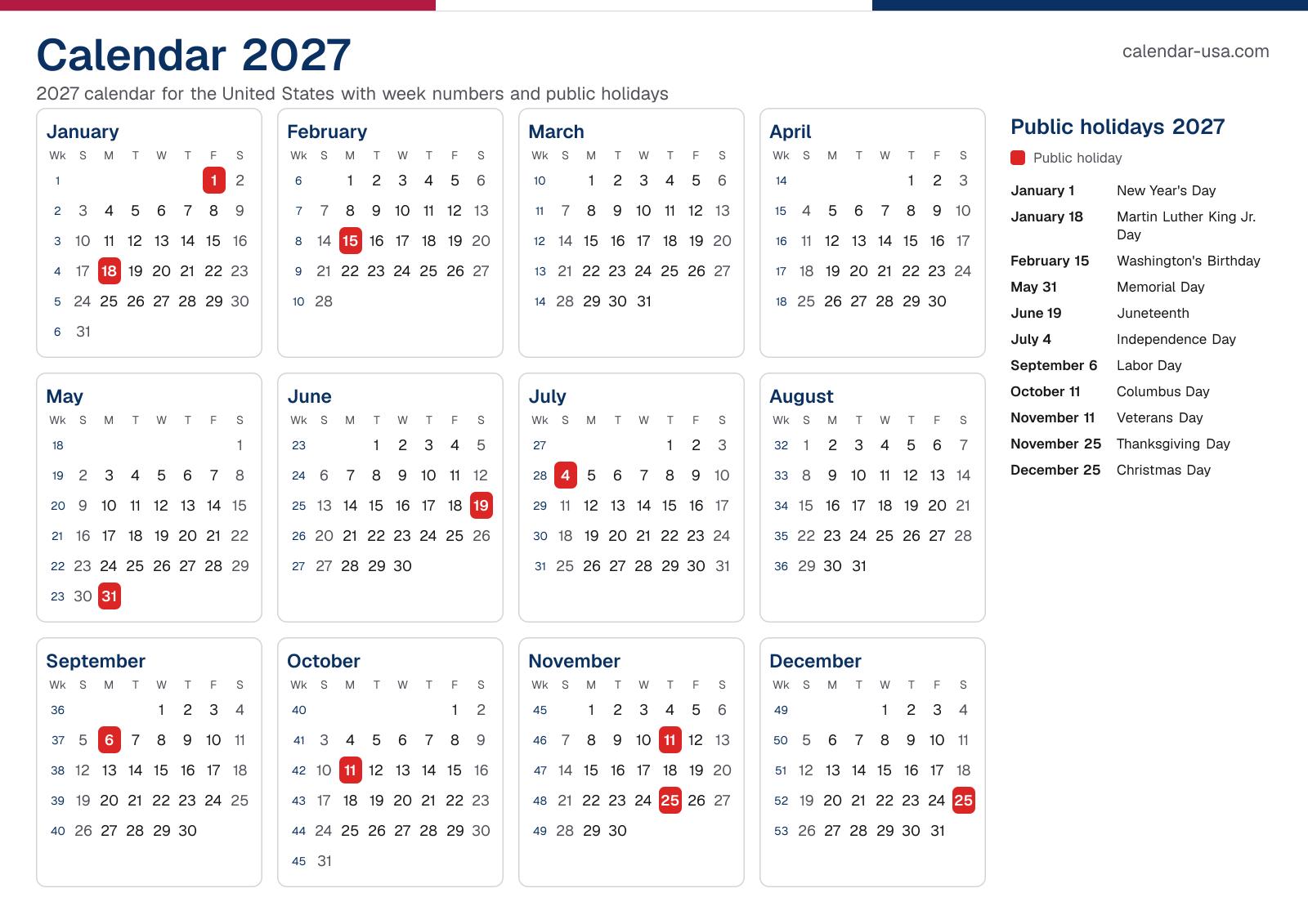 Calendar 2027 with week numbers and public holidays