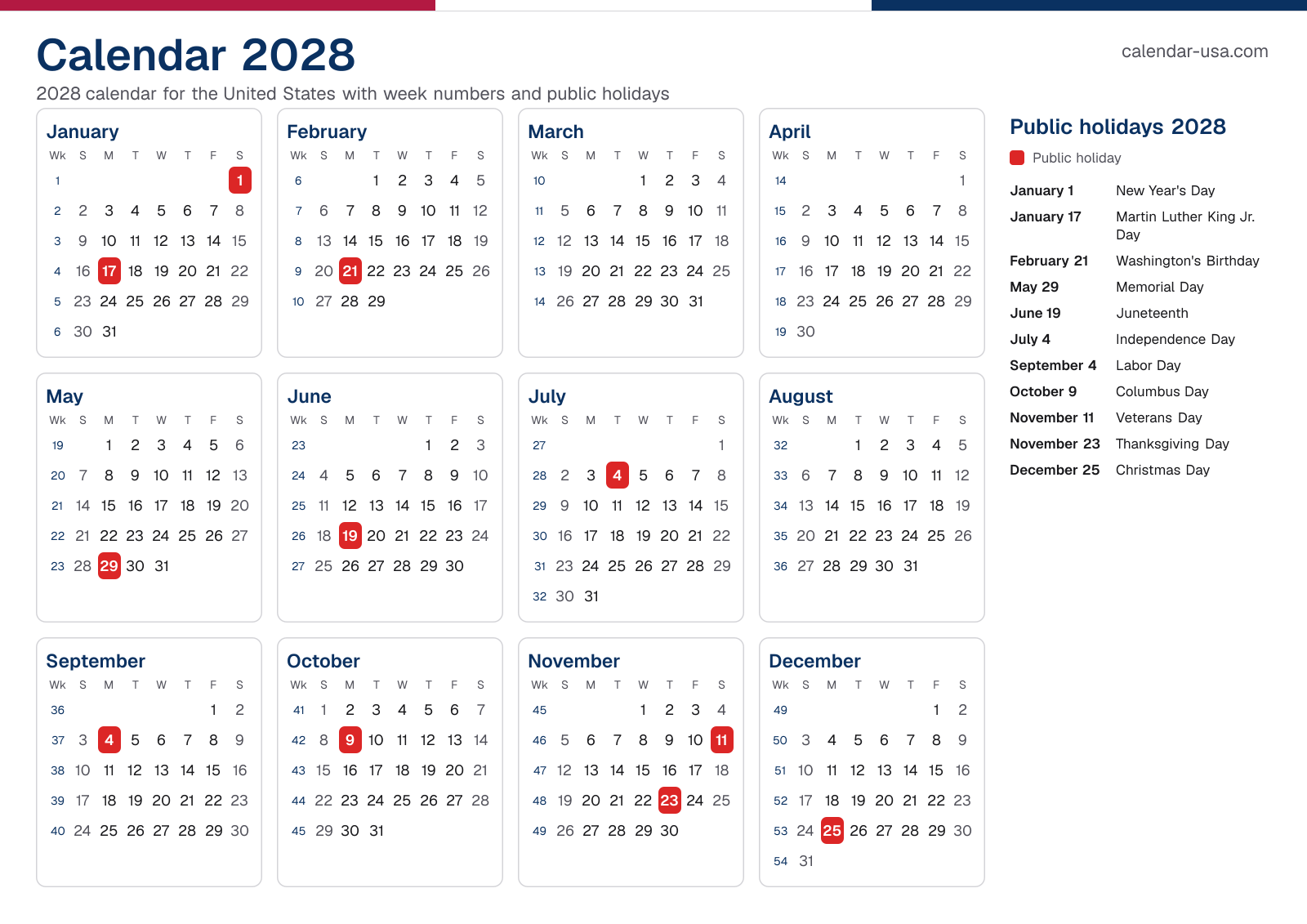 Calendar 2028 with week numbers and public holidays