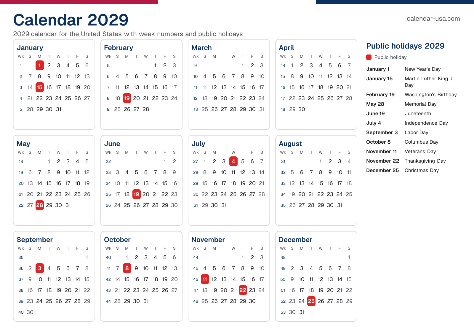 Calendar 2029 with week numbers and public holidays