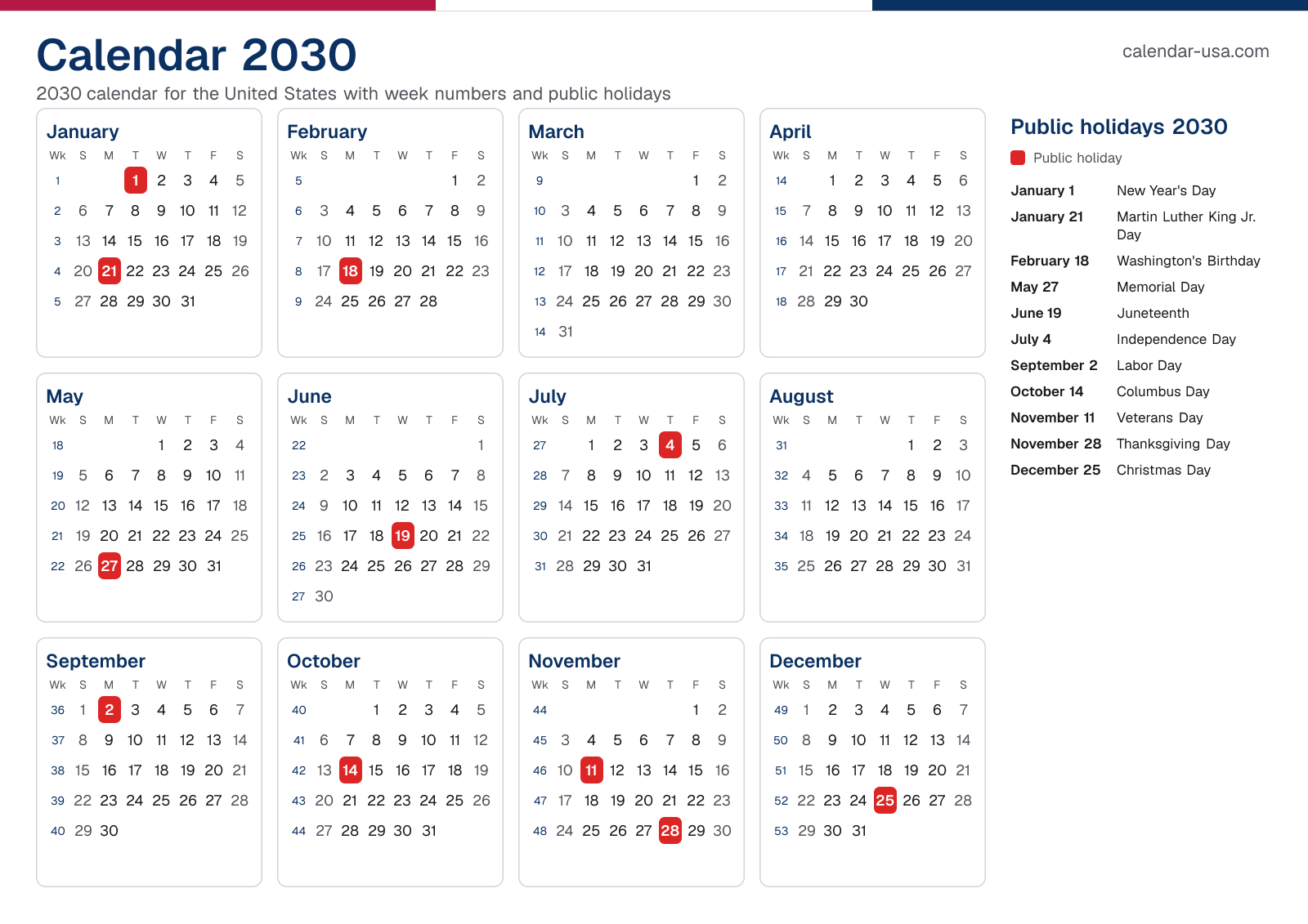 Calendar 2030 with week numbers and public holidays